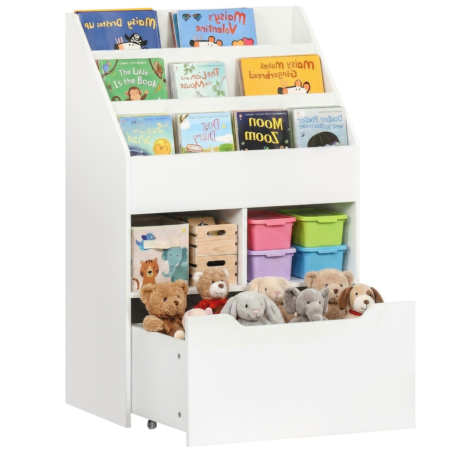 Kids Bookshelf Bookcase, Montessori-Inspired 4 Tier Large Capacity Rack Organizer with Moveable Drawer for Books for Rea