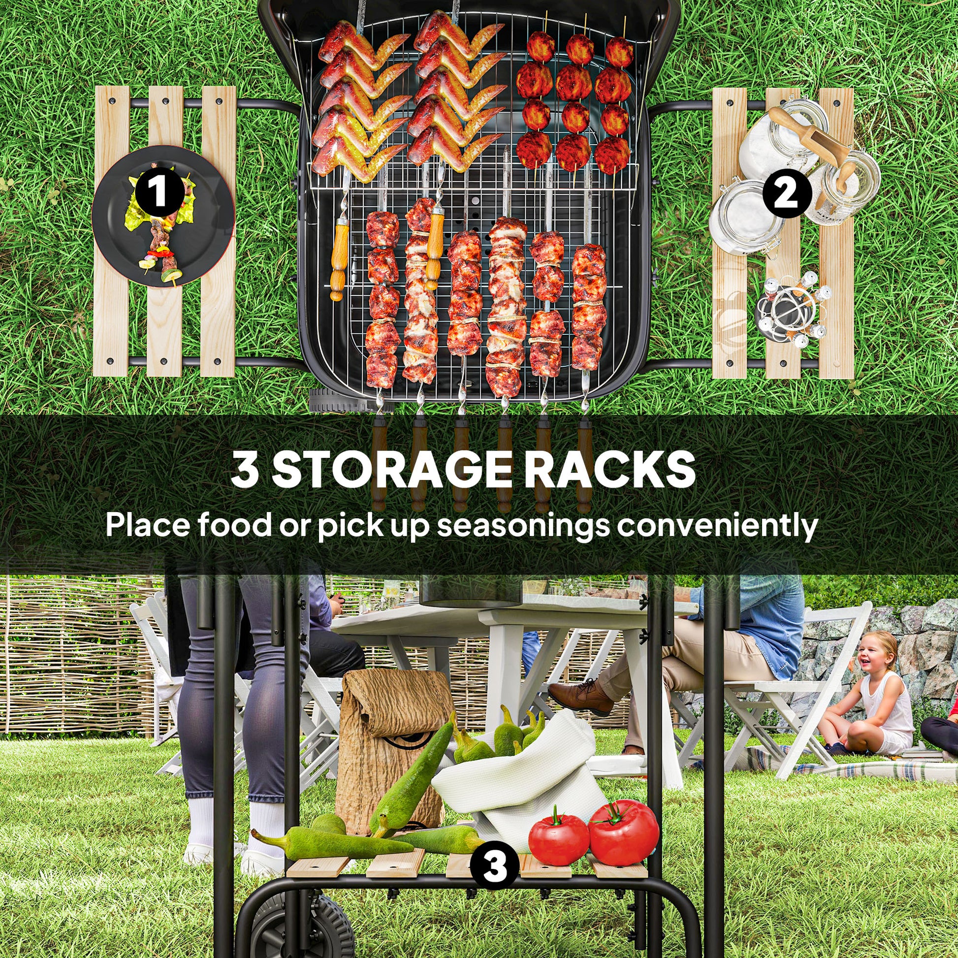 Charcoal BBQ Grill, BBQ Grill with 1840 cm² Cooking Area, 3 Shelves, Adjustable Vent, Lockable Lid, Wheels, Black