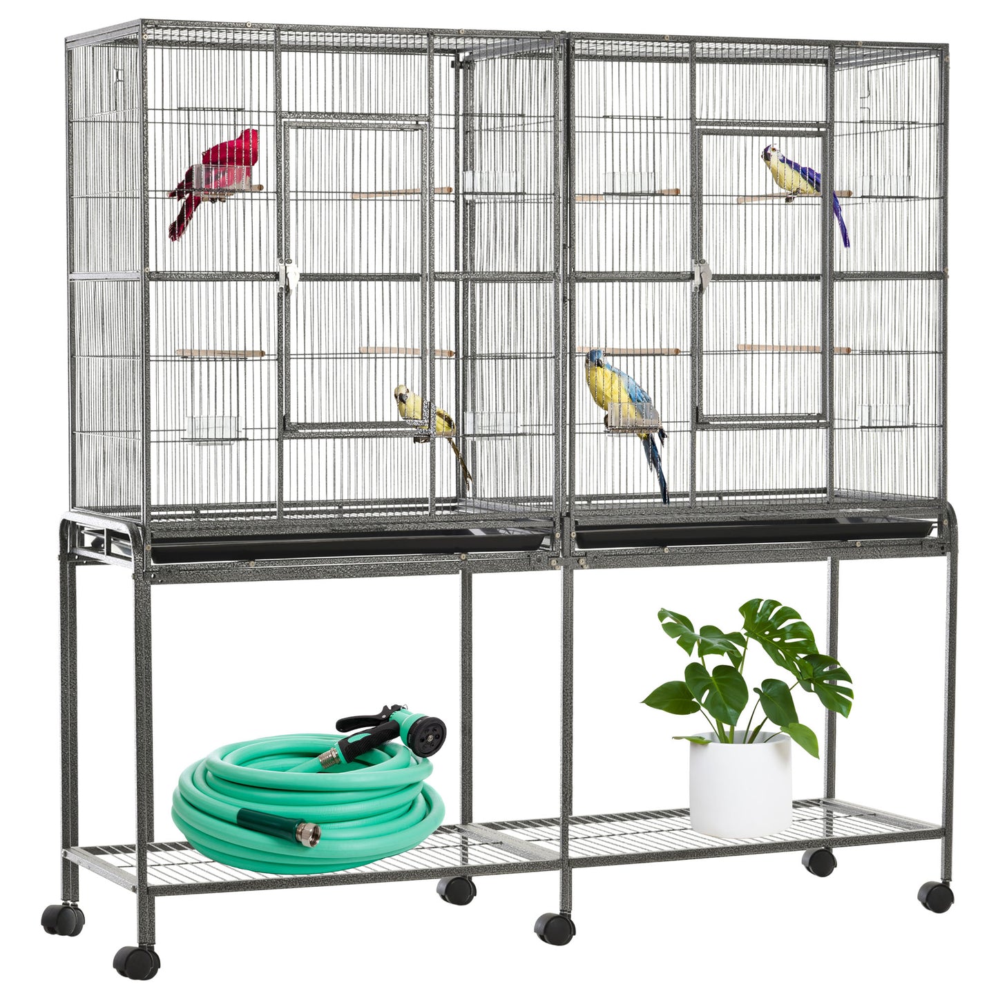64" Extra Large Bird Cage, Rolling Metal Parrot Cage, Bird House with Detachable Rolling Stand, Storage Shelf, Wood Perc