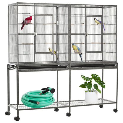 64" Extra Large Bird Cage, Rolling Metal Parrot Cage, Bird House with Detachable Rolling Stand, Storage Shelf, Wood Perc