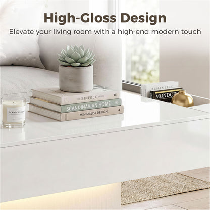LED Coffee Table with Storage, High Gloss Modern Center Table with 2 Drawers and Remote Control for Living Room, White