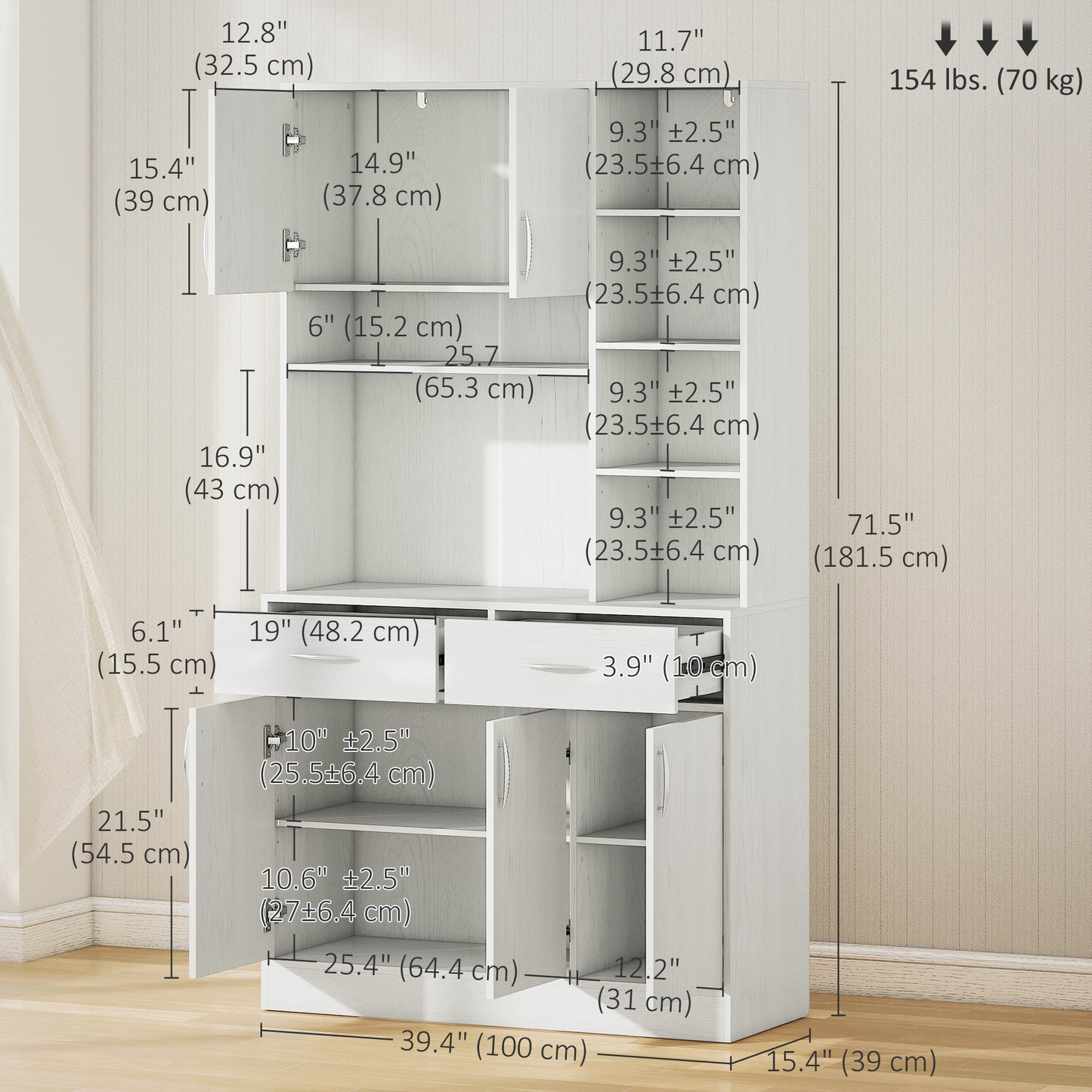 71" Kitchen Hutch with Storage Cabinet, Modern Buffet with Hutch, Cupboard with Drawers for Living Dining Room, Ash Whit