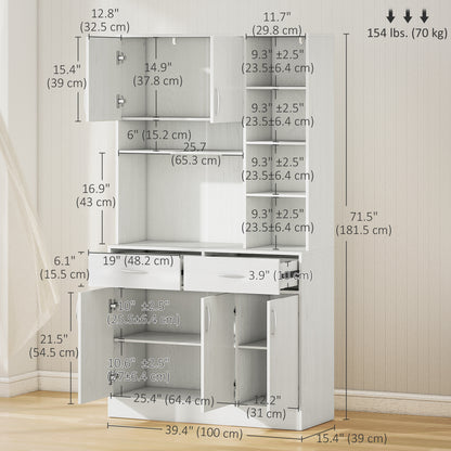 71" Kitchen Hutch with Storage Cabinet, Modern Buffet with Hutch, Cupboard with Drawers for Living Dining Room, Ash Whit