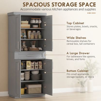 72" Storage Cabinet, Freestanding Kitchen Pantry Cabinet with 4 Doors, Drawer and 3 Adjustable Shelves, Grey