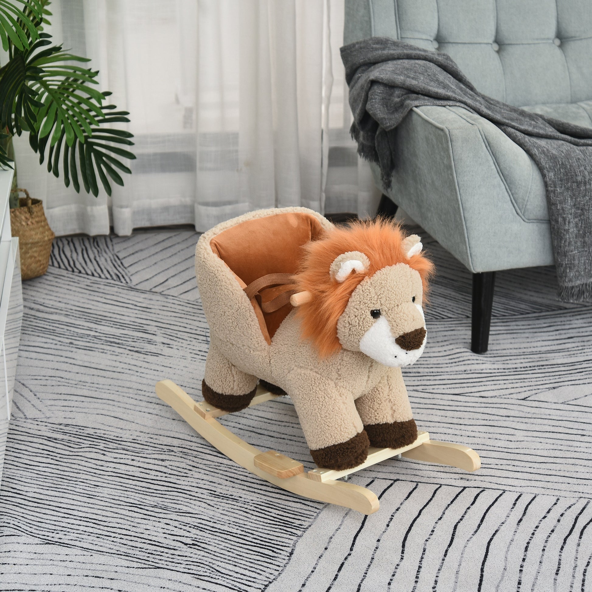 Qaba Baby Rocking Horse Lion Design Plush Stuffed Rocking Chair, Wooden Rocking Horse with Sound, Seat Belt for Boys and