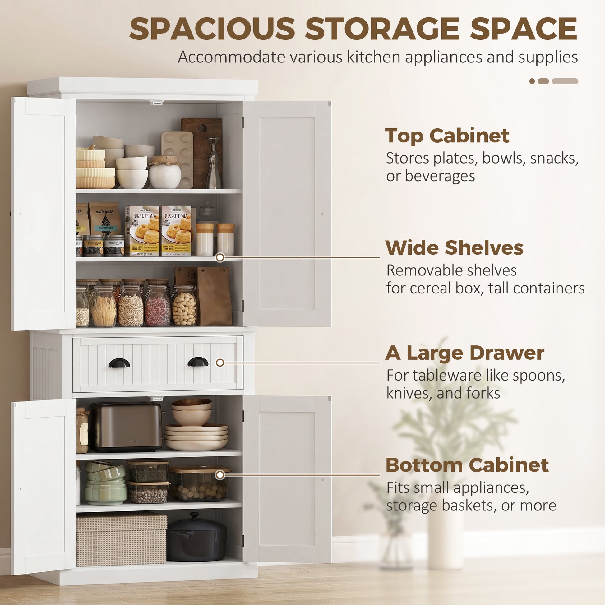 72" Kitchen Pantry, Freestanding Storage Cabinet with Drawer, Doors, White