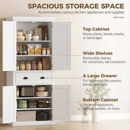 72" Kitchen Pantry, Freestanding Storage Cabinet with Drawer, Doors, White