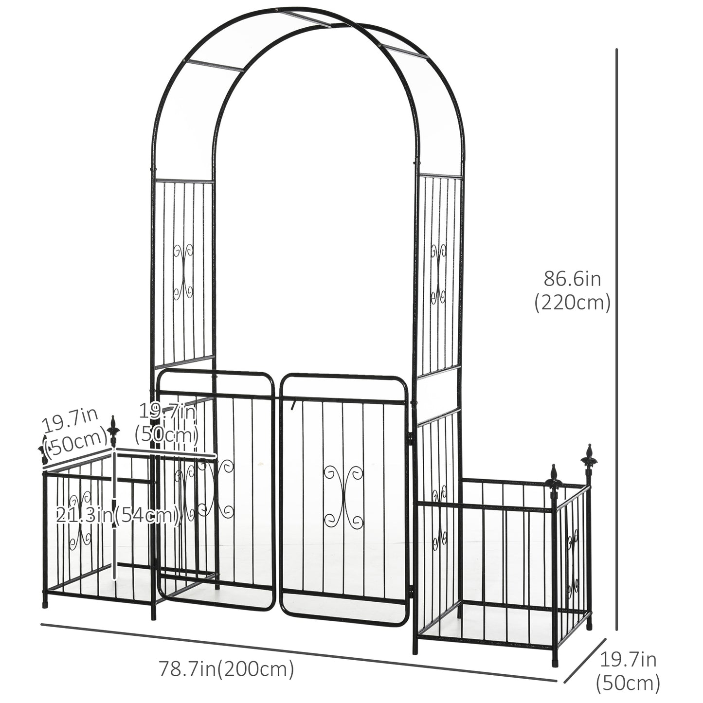 7.2FT Metal Garden Arch with Gate, 2 Side Planter Baskets, Garden Arbor Archway Trellis for Roses and Climbing Plants, B