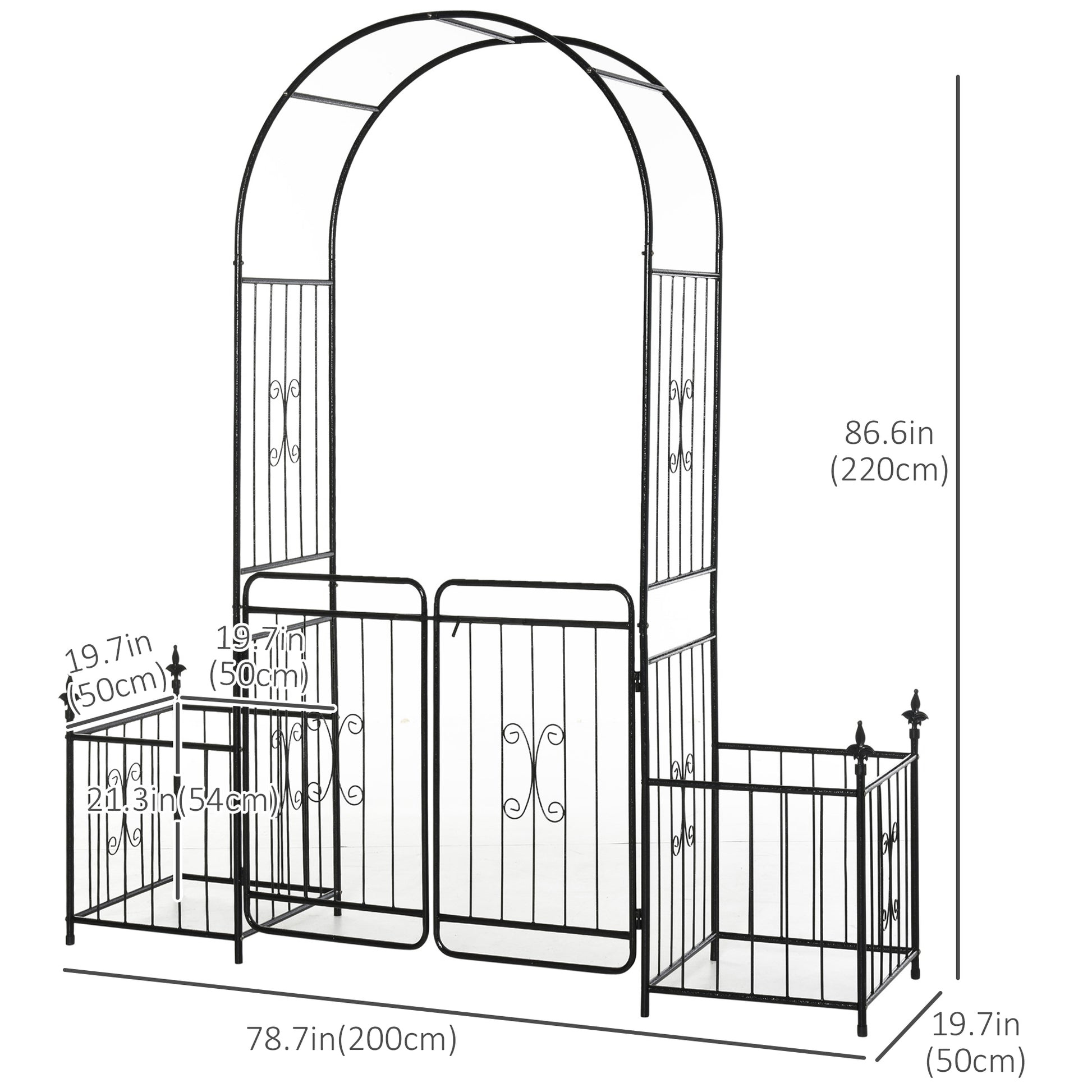7.2FT Metal Garden Arch with Gate, 2 Side Planter Baskets, Garden Arbor Archway Trellis for Roses and Climbing Plants, B