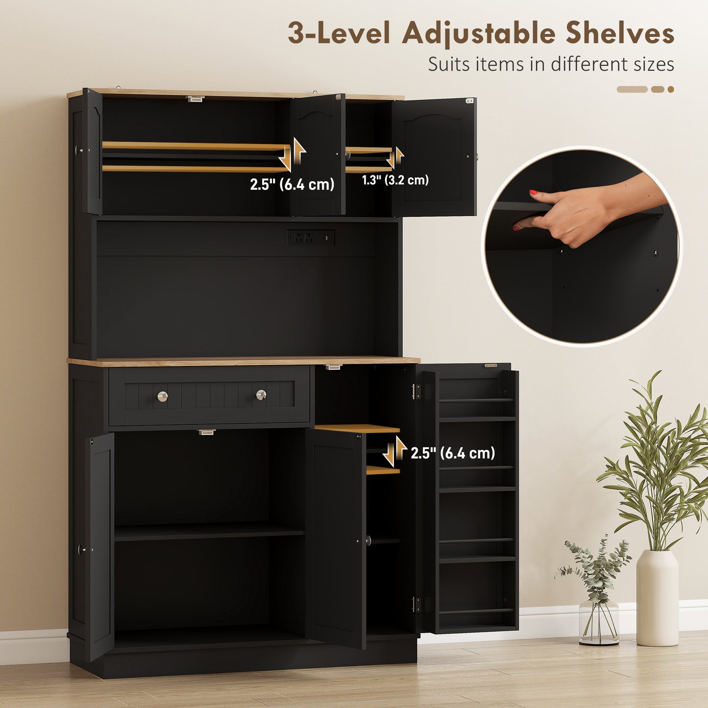 68" Pantry Cabinet with Charging Station, Kitchen Storage Cabinet with Microwave Stand, 4 Door Racks, Black