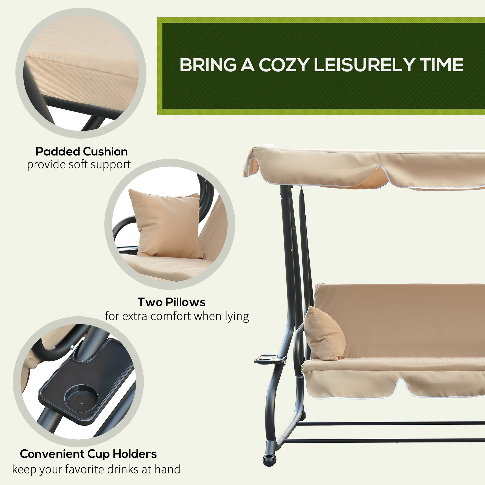 3-Seat Outdoor Patio Swing Chair, 2-in-1 Convertible Flat Bed, Canopy Swing with Adjustable Shade, Removable Cushions, C