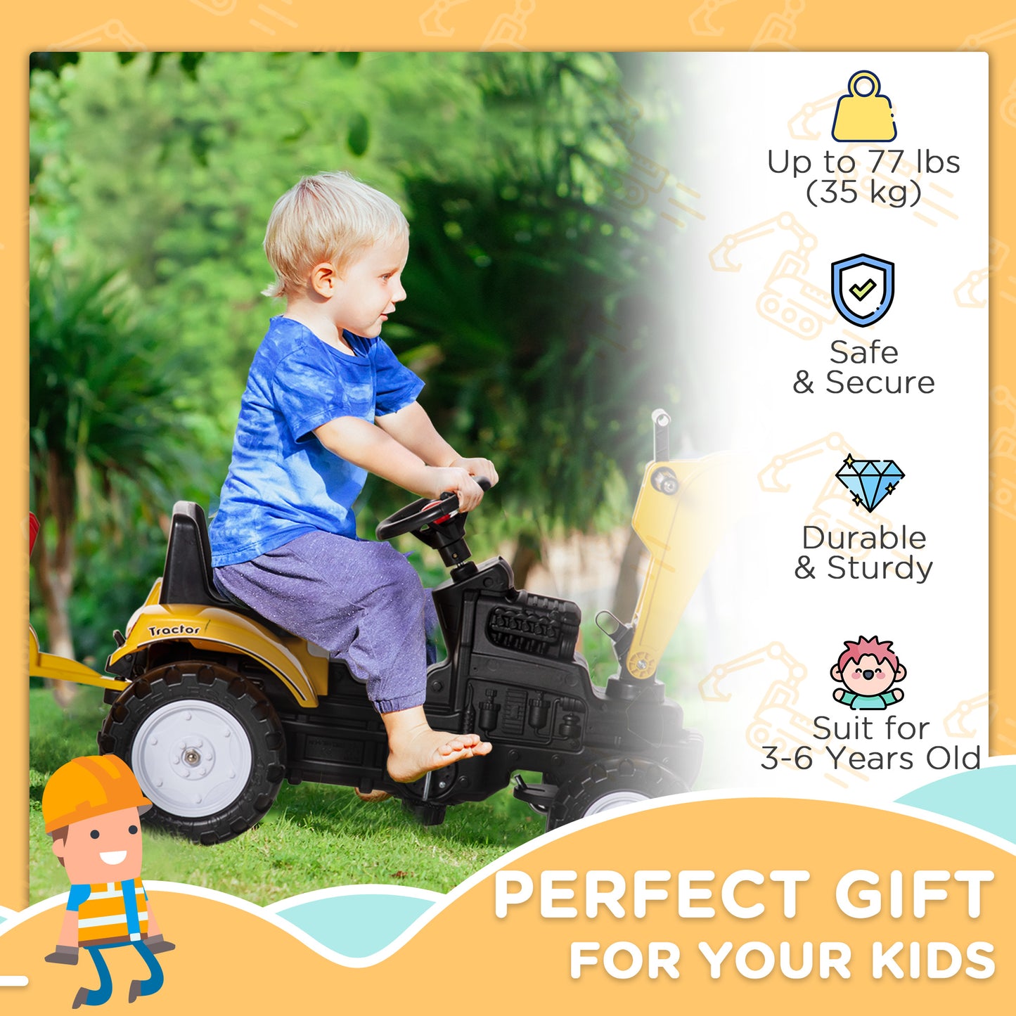 VarietyKart Ride on Tractor for Kids, Pedal Construction Car with Horn & Detachable Trailer for 3 Years Old, Yellow