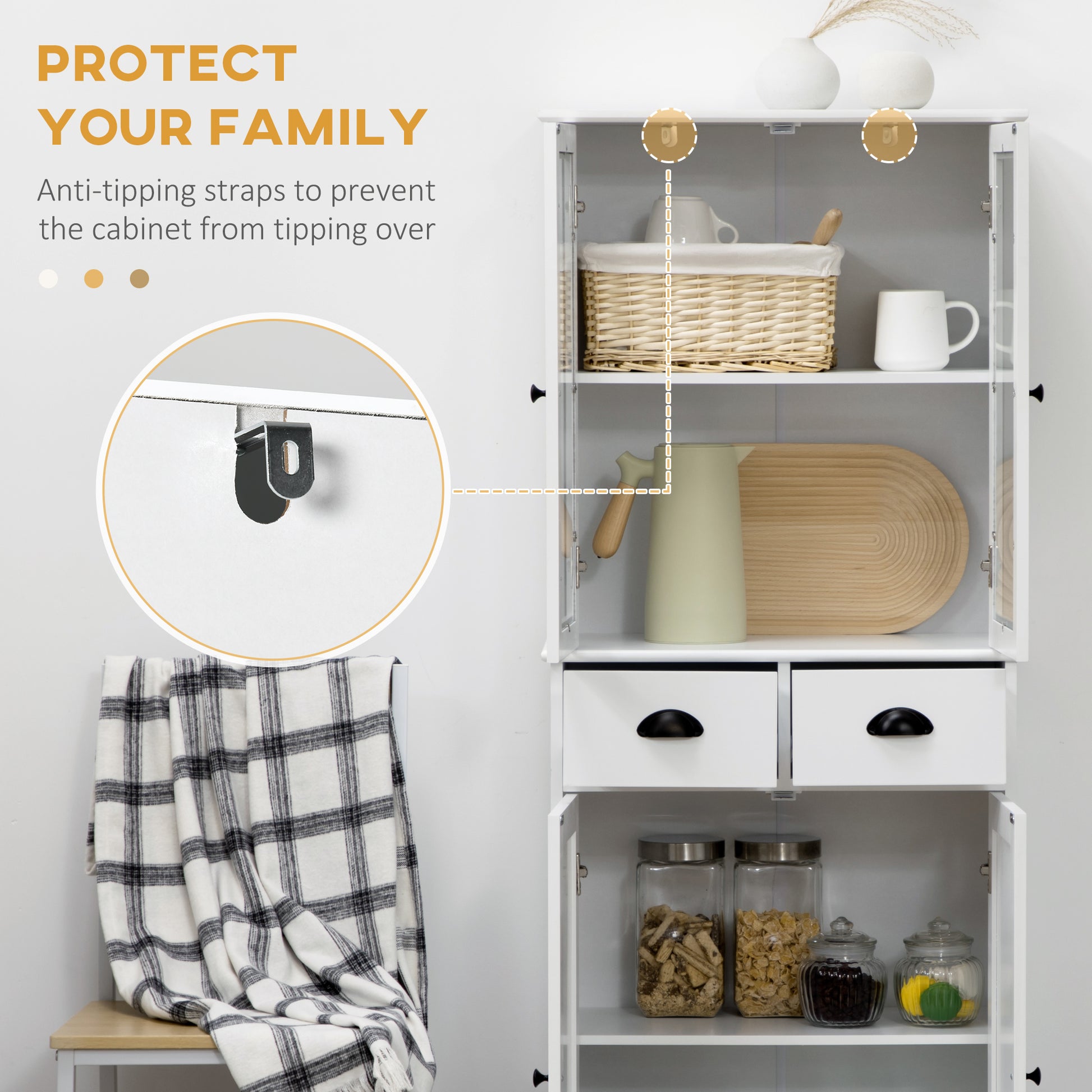 61" Kitchen Pantry Cabinet, Freestanding Farmhouse Buffet Storage Cabinet with Soft Close Glass Doors and Adjustable She