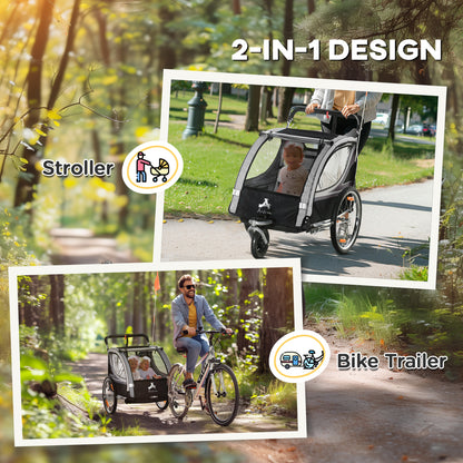 VarietyKart 2 Seat Bike Trailer for Kids 2-in-1 Baby Stroller with Handbrake, Rubber Wheels, 5 Point Harness, Reflectors