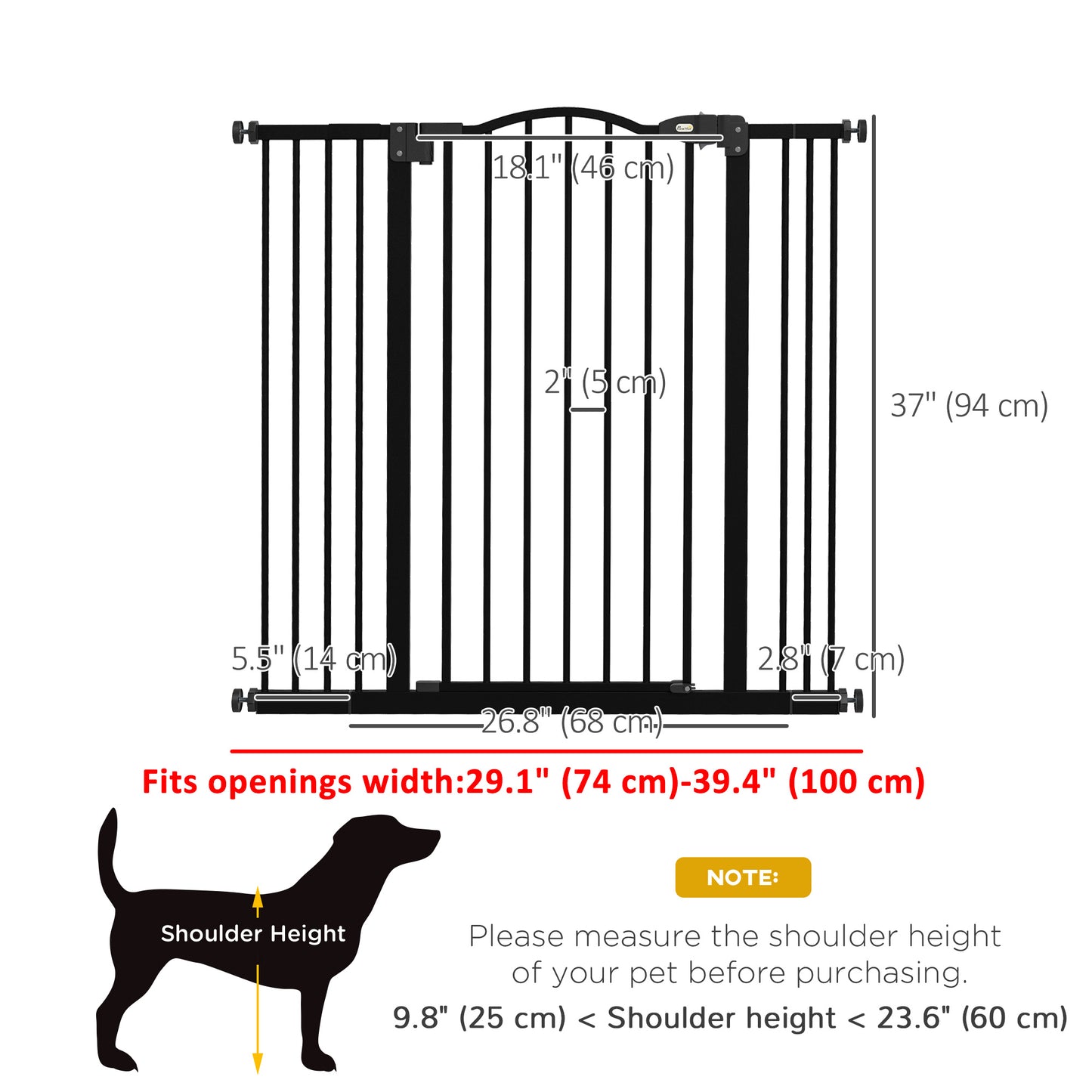 Extra Tall Dog Gate with Door, Pressure Fit, Auto Close, Double Locking for Doorways Hallways Stairs, 29"-39", Black