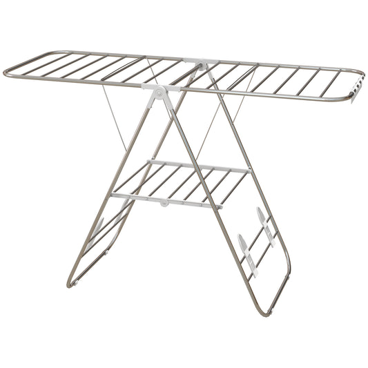 Clothes Drying Rack, 2-Tier Stainless Steel Foldable Laundry Rack with Adjustable Wings and Shoe Holders, Silver