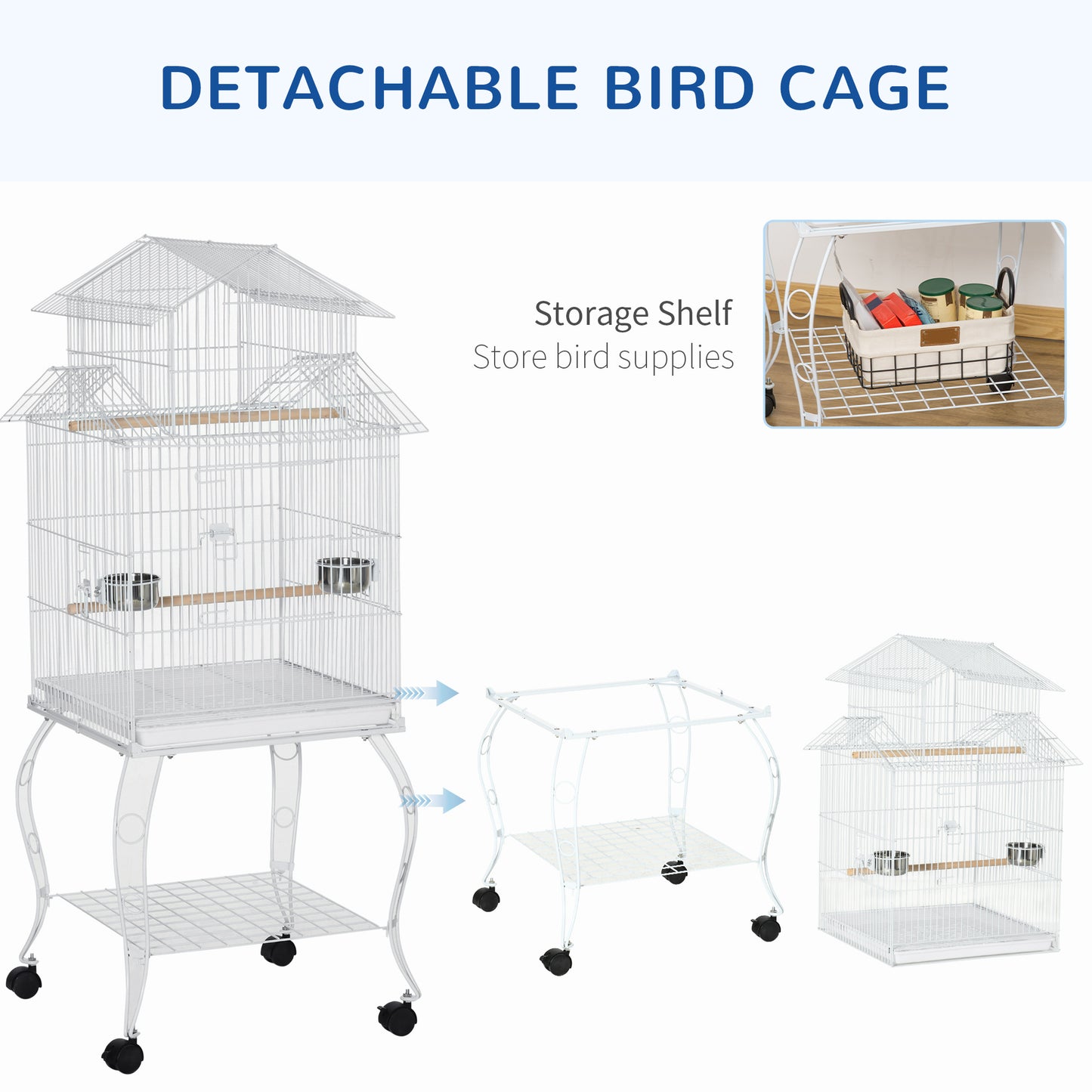 53.9'' Large Rolling Steel Bird Cage Bird House with Detachable Rolling Stand, Storage Shelf, Wood Perch, Food Container