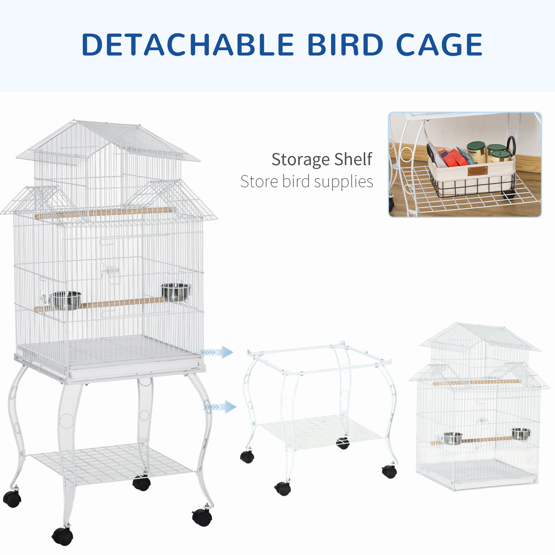 53.9'' Large Rolling Steel Bird Cage Bird House with Detachable Rolling Stand, Storage Shelf, Wood Perch, Food Container