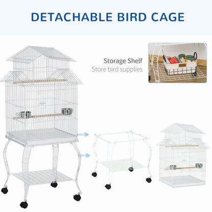 53.9'' Large Rolling Steel Bird Cage Bird House with Detachable Rolling Stand, Storage Shelf, Wood Perch, Food Container