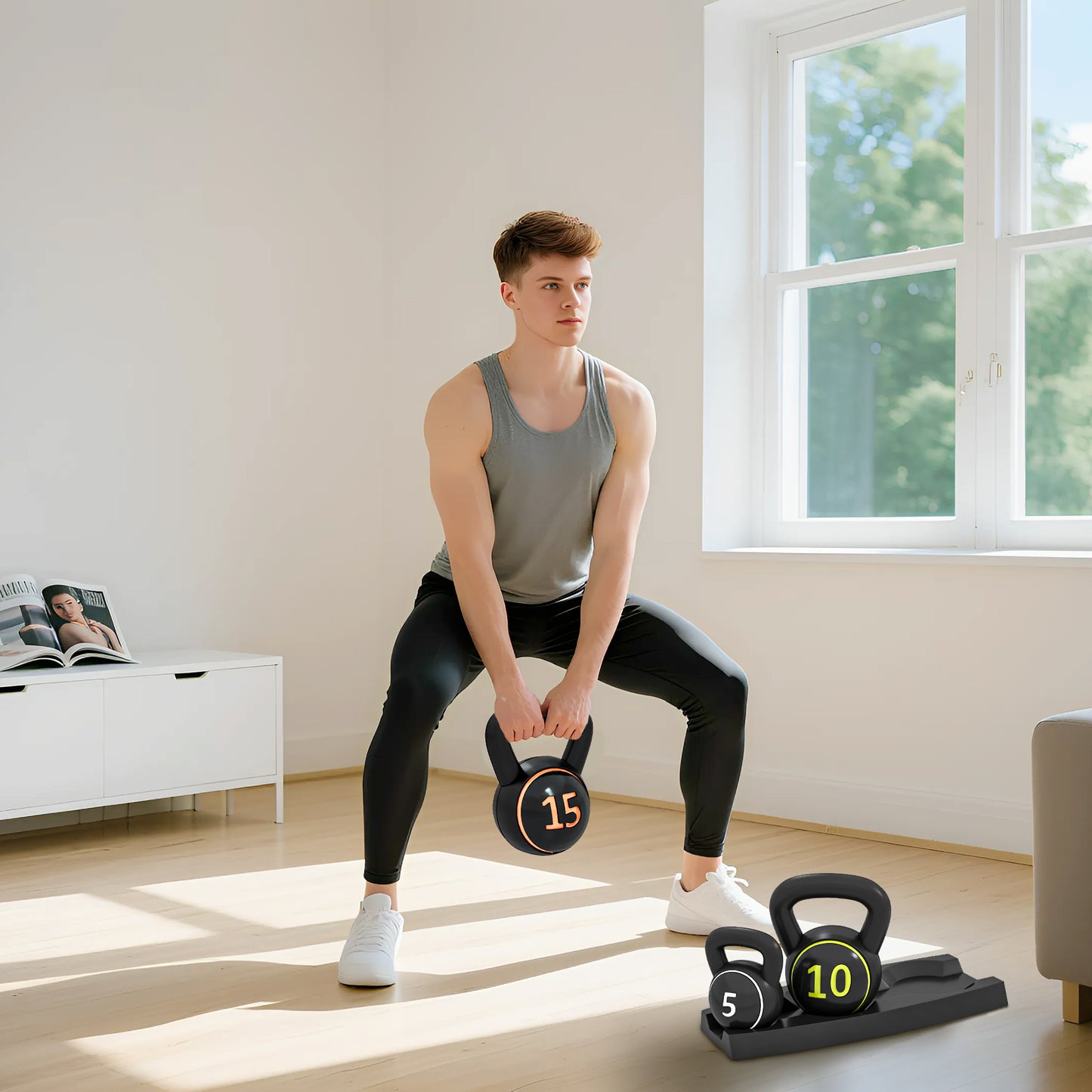 Soozier Three-Piece Kettlebell Set Weights with Storage Stand for Home Gym Weight Lifting Training, 5lbs, 10lbs, 15lbs (