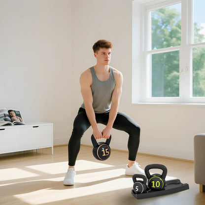 Soozier Three-Piece Kettlebell Set Weights with Storage Stand for Home Gym Weight Lifting Training, 5lbs, 10lbs, 15lbs (