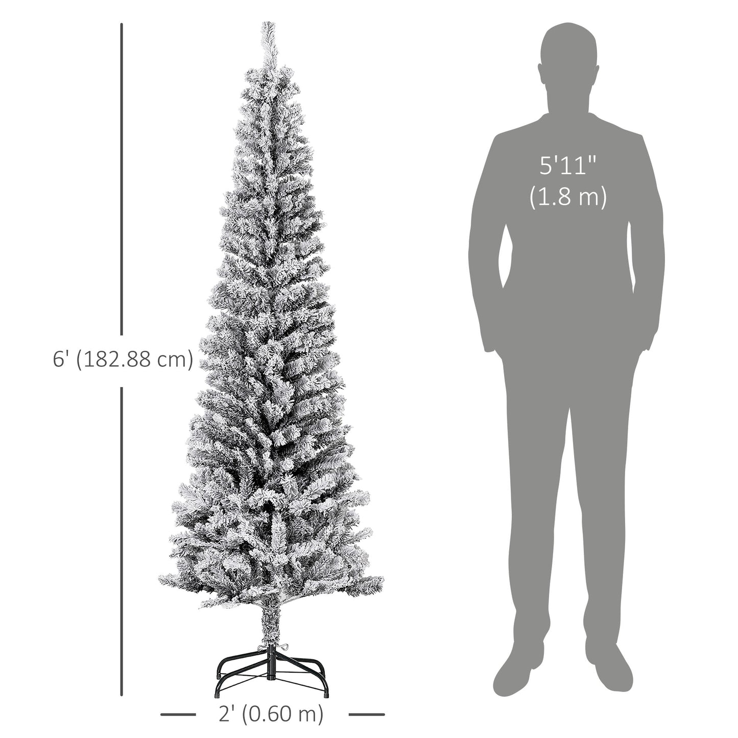 6ft Flocked Christmas Tree, Pencil Christmas Tree with Realistic Branch Tips, Folding Metal Stand, Black