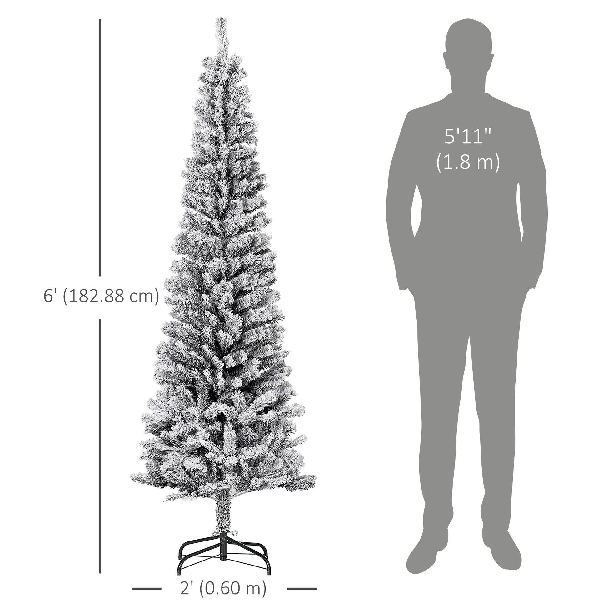6ft Flocked Christmas Tree, Pencil Christmas Tree with Realistic Branch Tips, Folding Metal Stand, Black