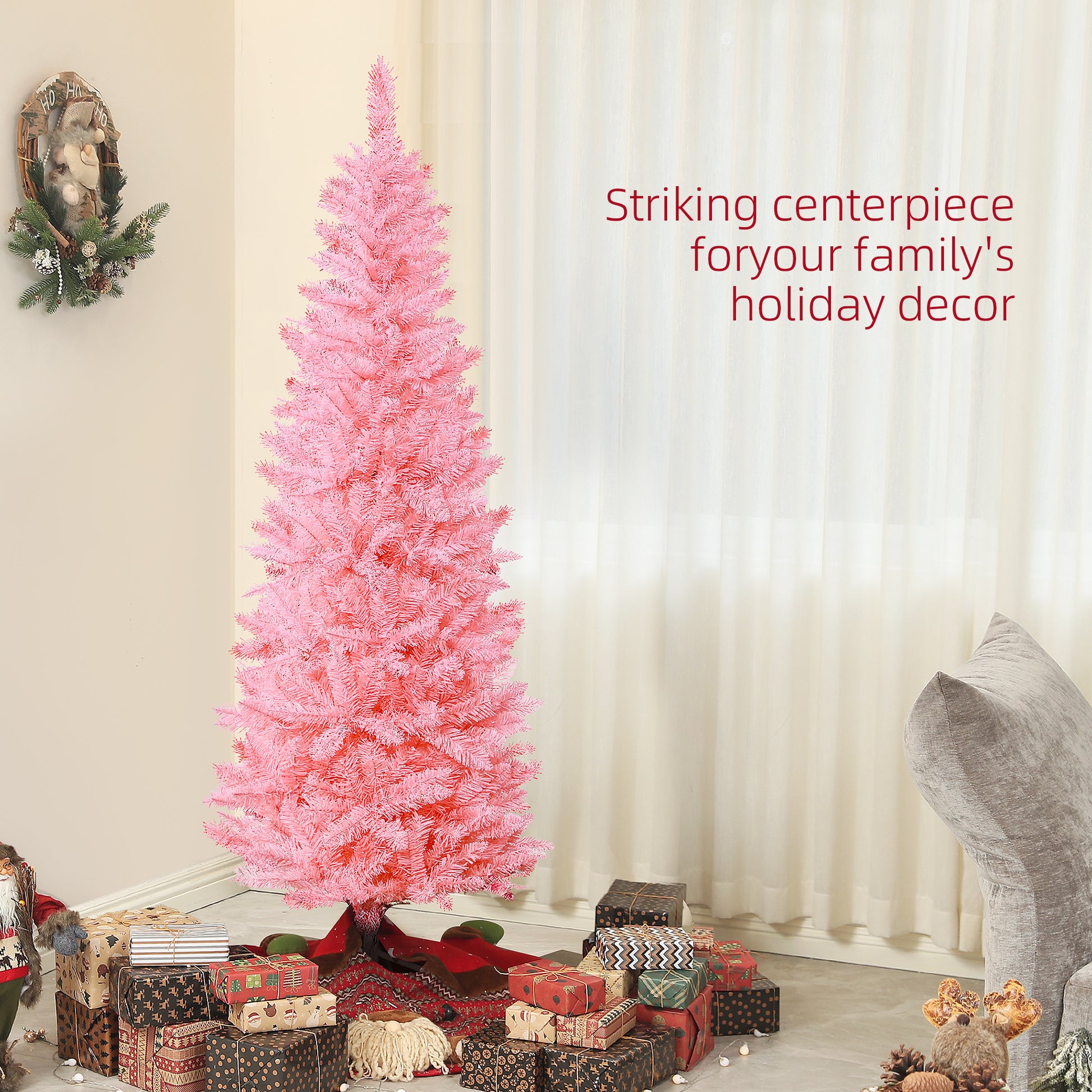 6ft Tall Pencil Artificial Christmas Tree with 479 Branch Tips with Steel Base, Pink