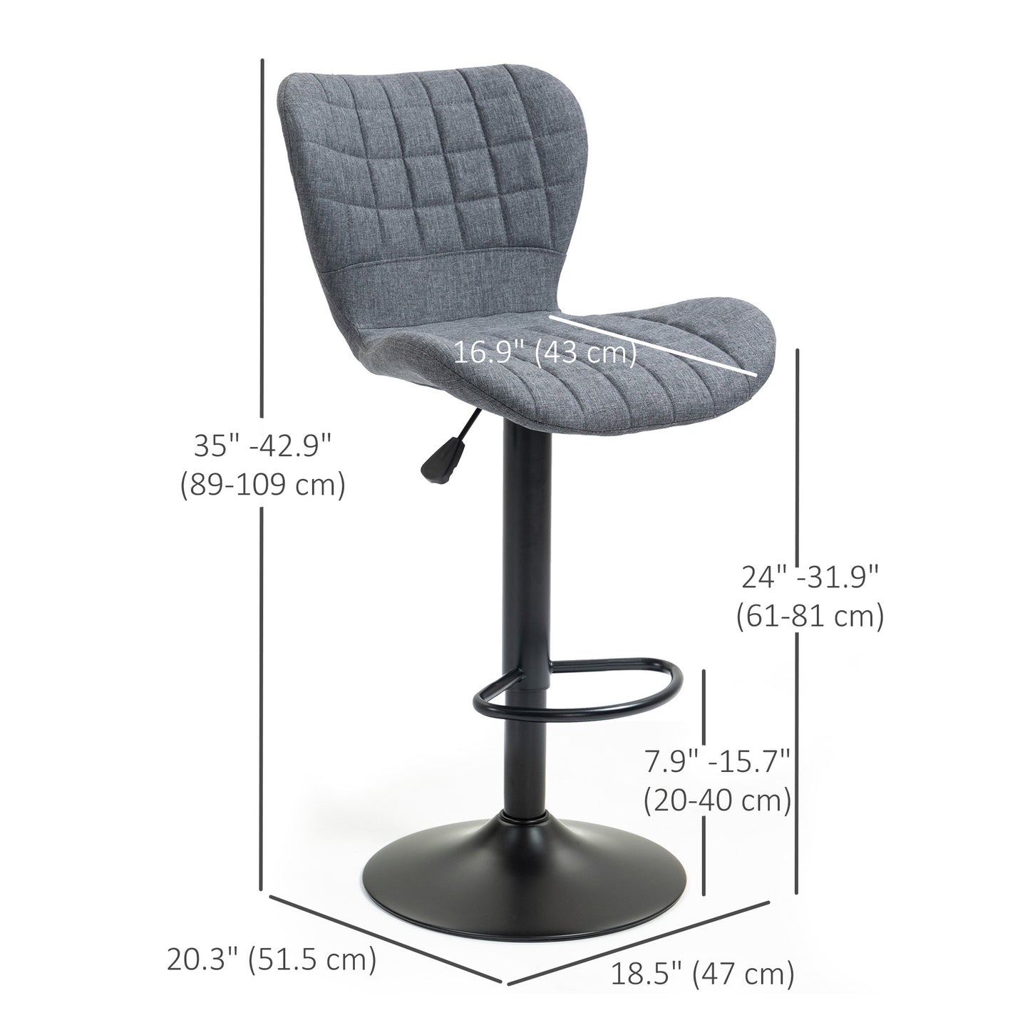 Bar Stools Set of 2, Adjustable Height Swivel Bar Chairs, Linen-feel Fabric Upholstered Kitchen Counter Stools with Wide