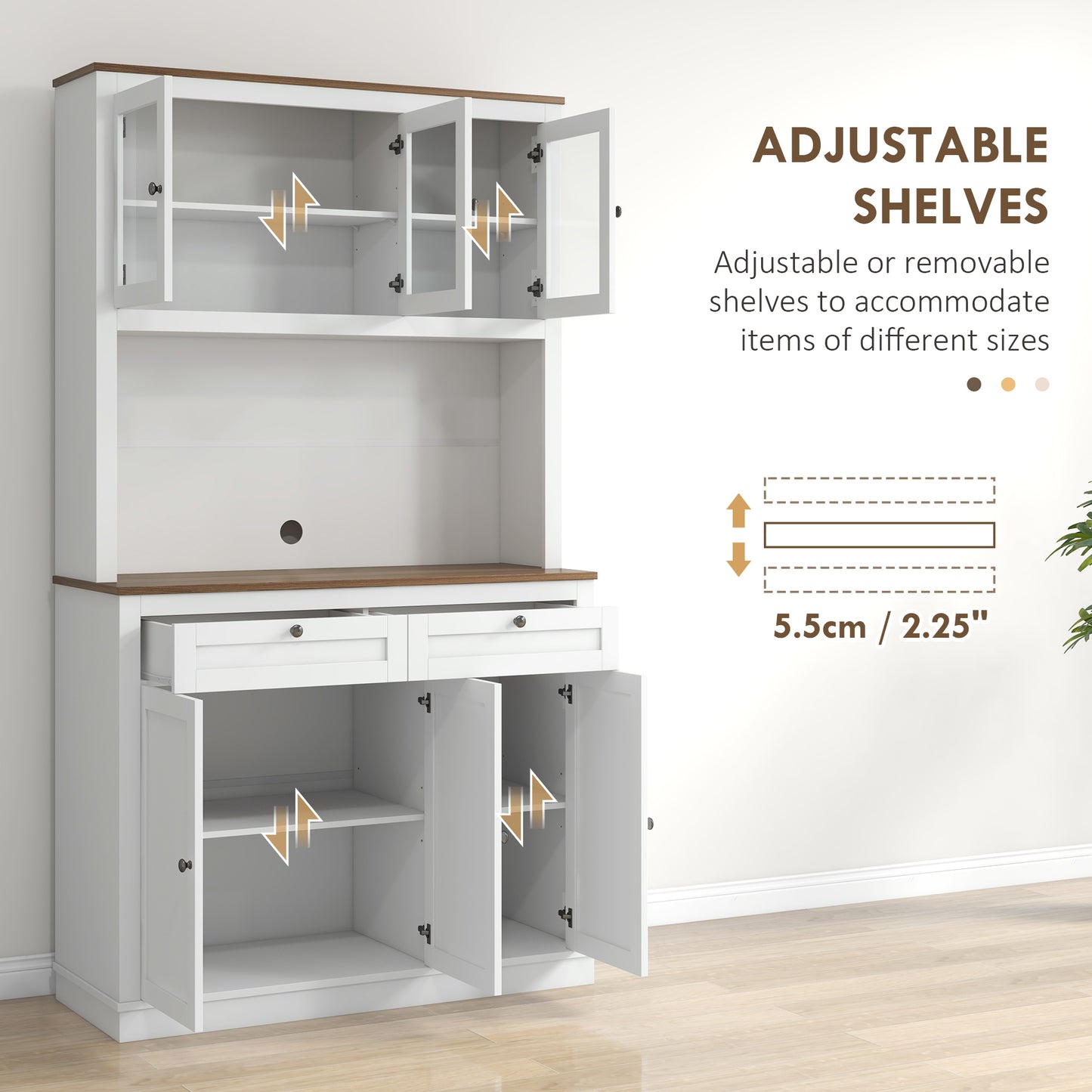 71" Pantry Cabinet with Microwave Space, Kitchen Cabinet with Hutch, 2 Drawers, Adjustable Shelves, Glass Doors, White