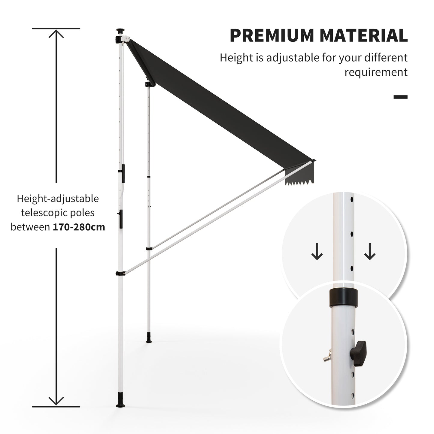 10x5ft Manual Retractable Awning, Patio Sun Shade Canopy Shelter with 5.6-9.2ft Support Pole, Water Resistant UV Protect