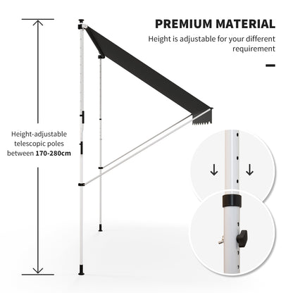 10x5ft Manual Retractable Awning, Patio Sun Shade Canopy Shelter with 5.6-9.2ft Support Pole, Water Resistant UV Protect