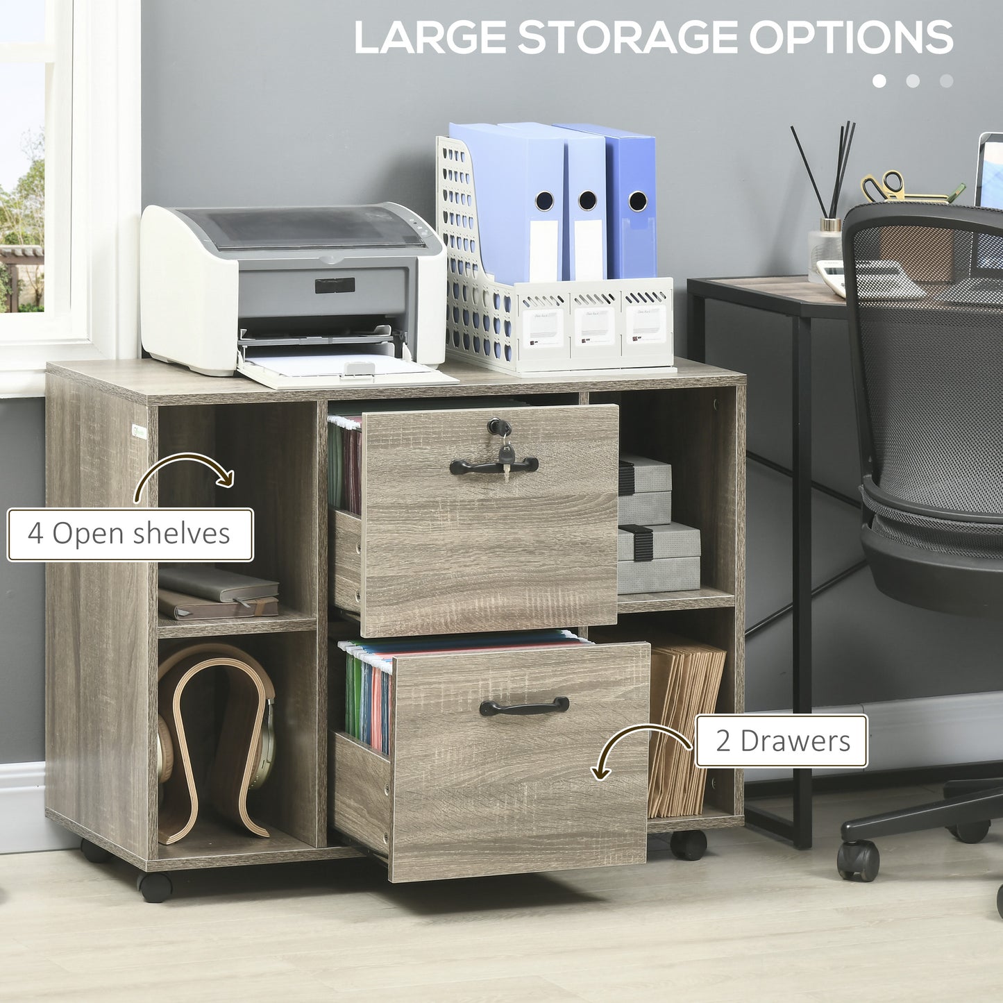 Lateral Filing Cabinet with Wheels and Lockable Drawer, File Cabinet, Mobile Printer Stand with Open Shelves for Letter 