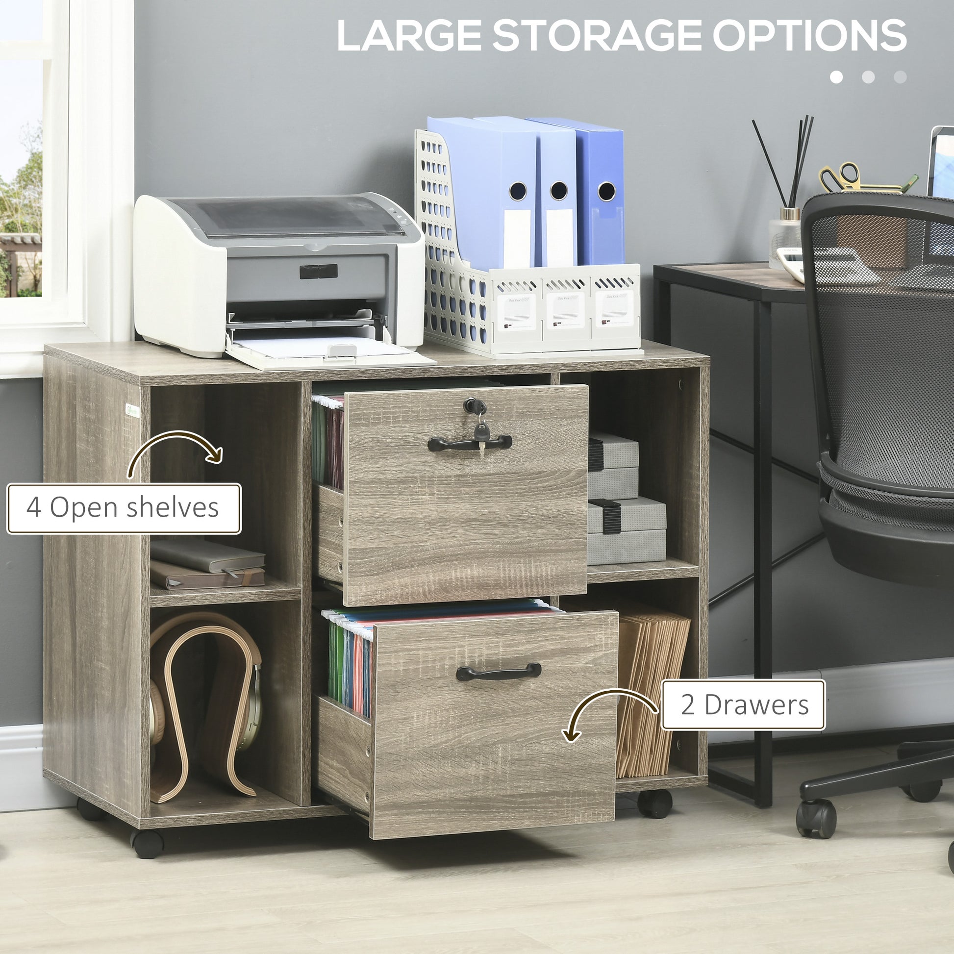 Lateral Filing Cabinet with Wheels and Lockable Drawer, File Cabinet, Mobile Printer Stand with Open Shelves for Letter 
