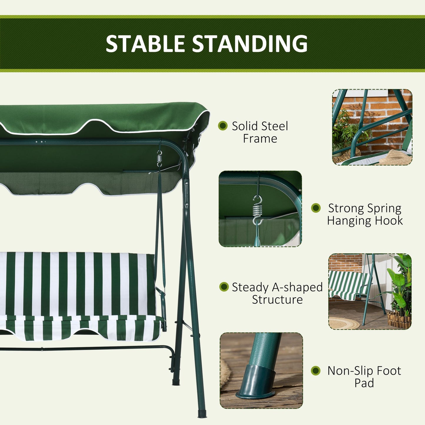 3-Seater Outdoor Porch Swing with Adjustable Canopy, Patio Swing Chair for Garden, Poolside, Backyard, Green and White