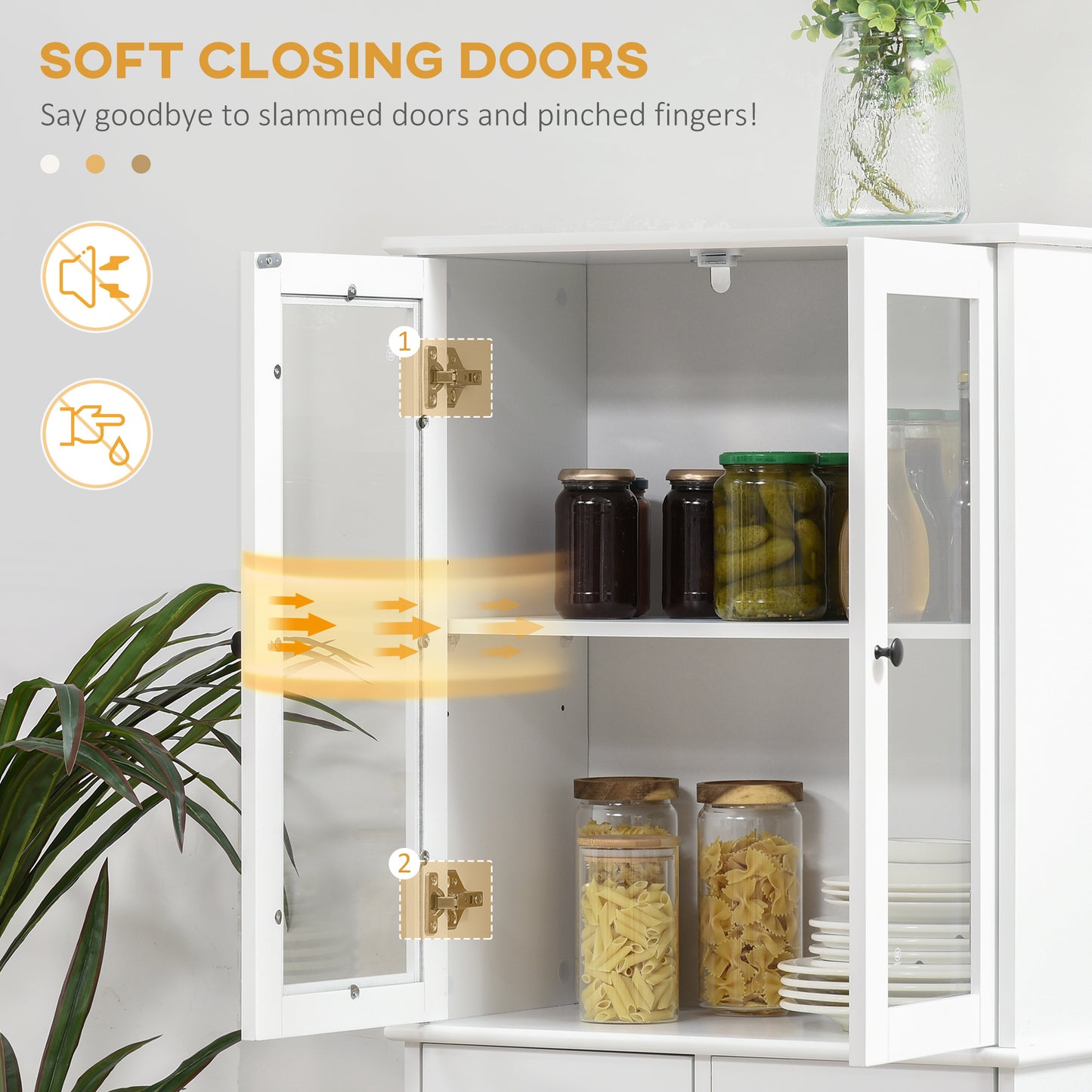 61" Kitchen Pantry Cabinet, Freestanding Farmhouse Buffet Storage Cabinet with Soft Close Glass Doors and Adjustable She