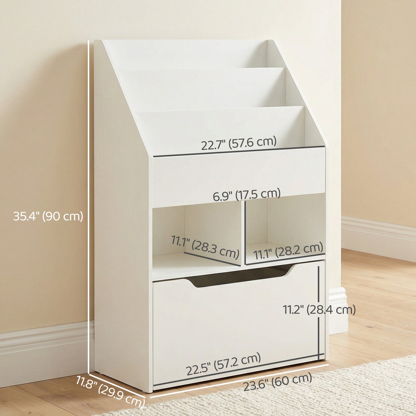 Kids Bookshelf Bookcase, Montessori-Inspired 4 Tier Large Capacity Rack Organizer with Moveable Drawer for Books for Rea