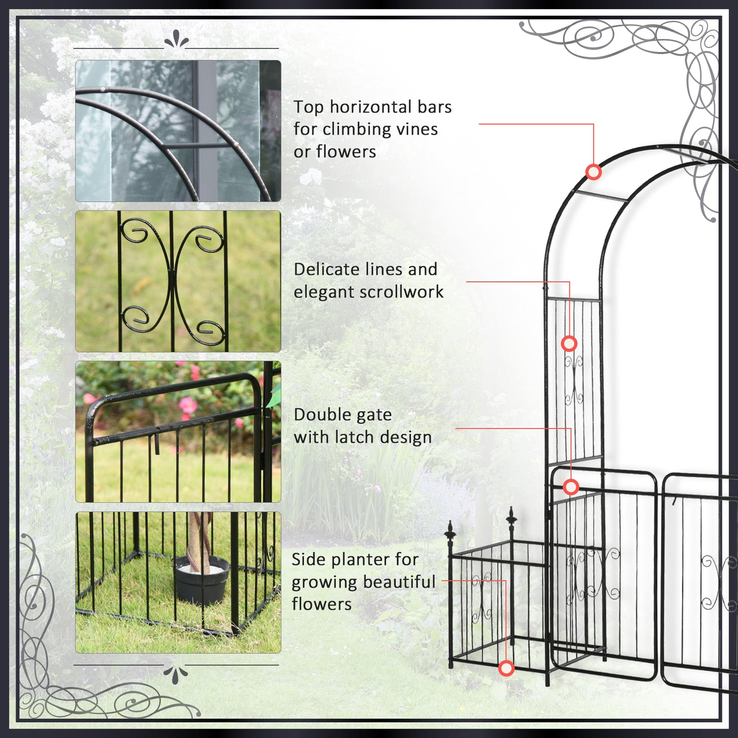 7.2FT Metal Garden Arch with Gate, 2 Side Planter Baskets, Garden Arbor Archway Trellis for Roses and Climbing Plants, B