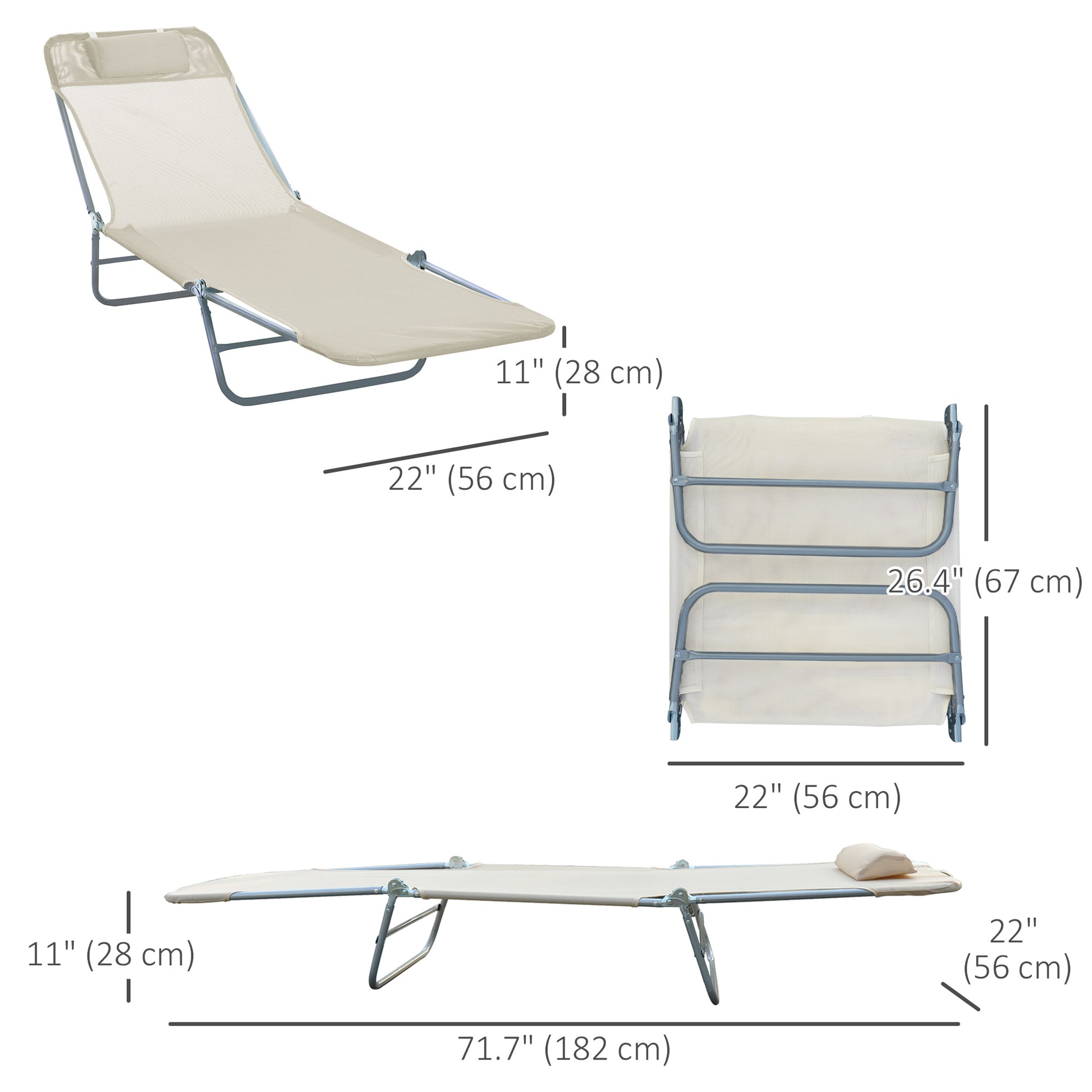 Outdoor Lounge Chair, Portable Adjustable Reclining Seat Folding Chaise Lounge Patio Camping Beach Tanning Chair Bed wit