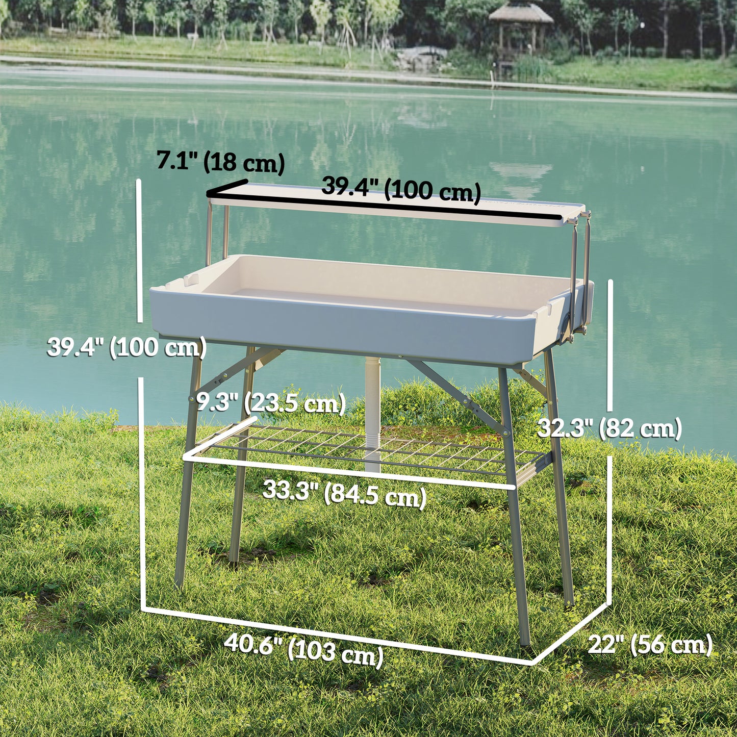 3.5ft Folding Ice Cooler Table with Drain, 2-Tier Outdoor Patio Party Cooler, Fishing Cleaning Table with Storage Shelf 