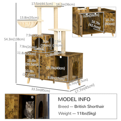 Litter Box Enclosure with Cat Tree Tower, Hidden Cat Washroom Furniture with Condo, Scratching Posts, Large Platform, Ha