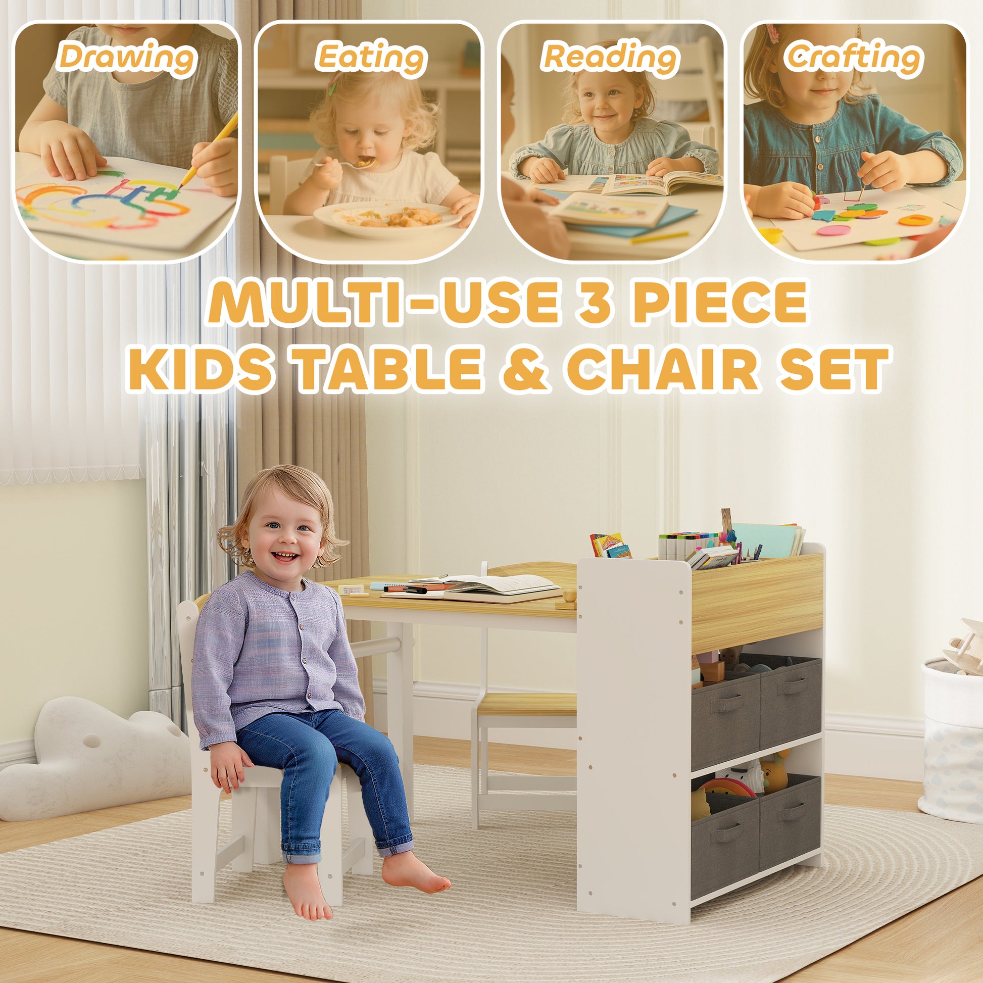 Qaba Kids Table and Chairs Set, Toddler Art Table and Chair Set with Paper Roll, Storage Shelves and Drawers, Natural Wo