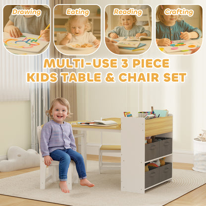 Qaba Kids Table and Chairs Set, Toddler Art Table and Chair Set with Paper Roll, Storage Shelves and Drawers, Natural Wo