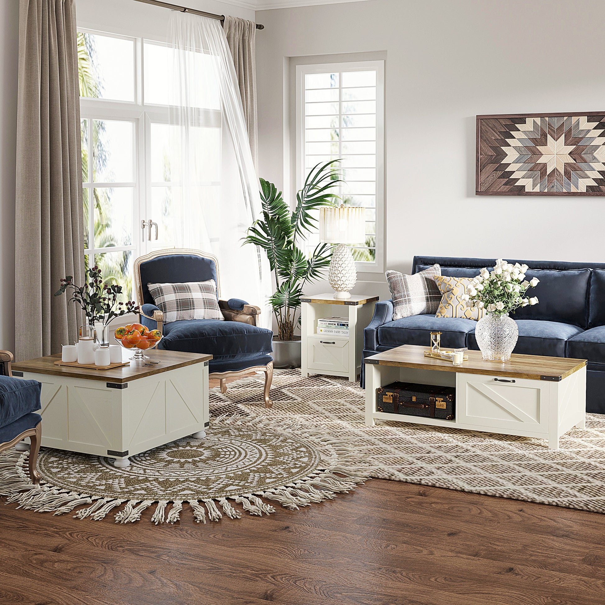 Side Table with Storage, Farmhouse End Table with Drawer, Open Shelf and Barn-style Panel, Nightstand for Living Room, B