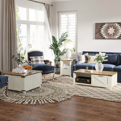 Side Table with Storage, Farmhouse End Table with Drawer, Open Shelf and Barn-style Panel, Nightstand for Living Room, B