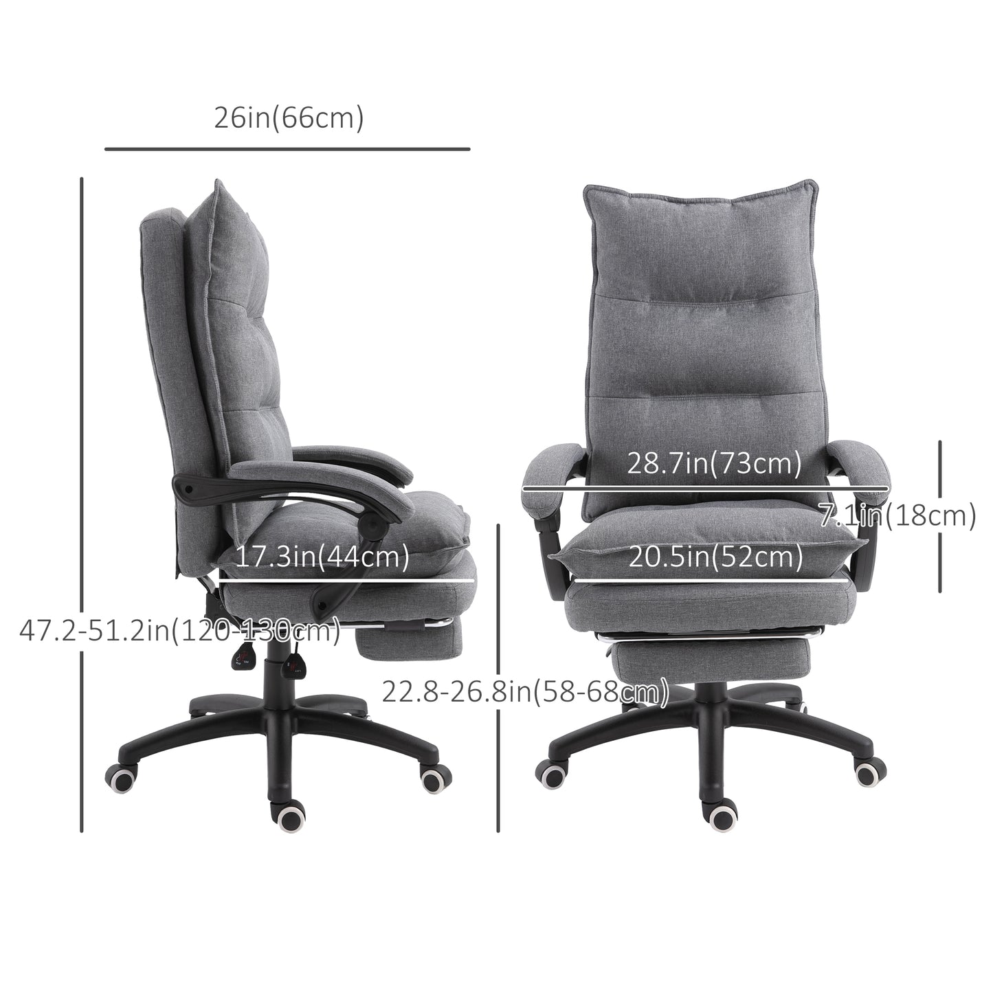Office Chair 360° Swivel Adjustable Height Linen Style Fabric Recliner with Retractable Footrest and Double Padding, Gre