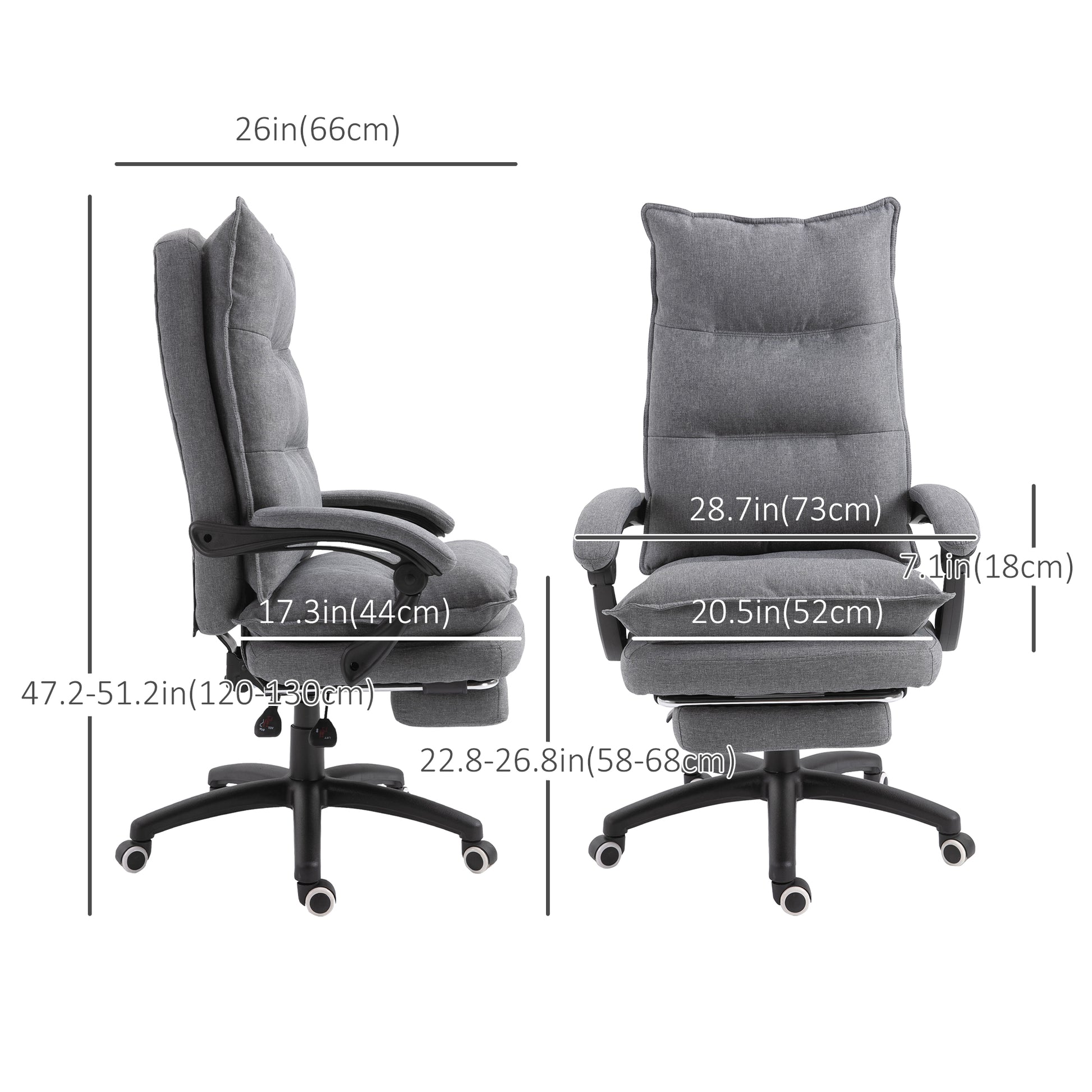 Office Chair 360° Swivel Adjustable Height Linen Style Fabric Recliner with Retractable Footrest and Double Padding, Gre