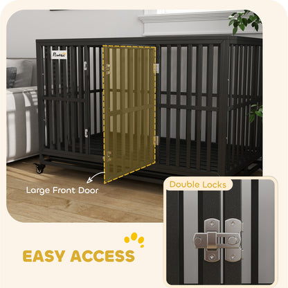 49" Heavy Duty Steel Dog Crate Kennel Pet Cage with Wheels for Convenient Access Anti-Pinching Floor, Black