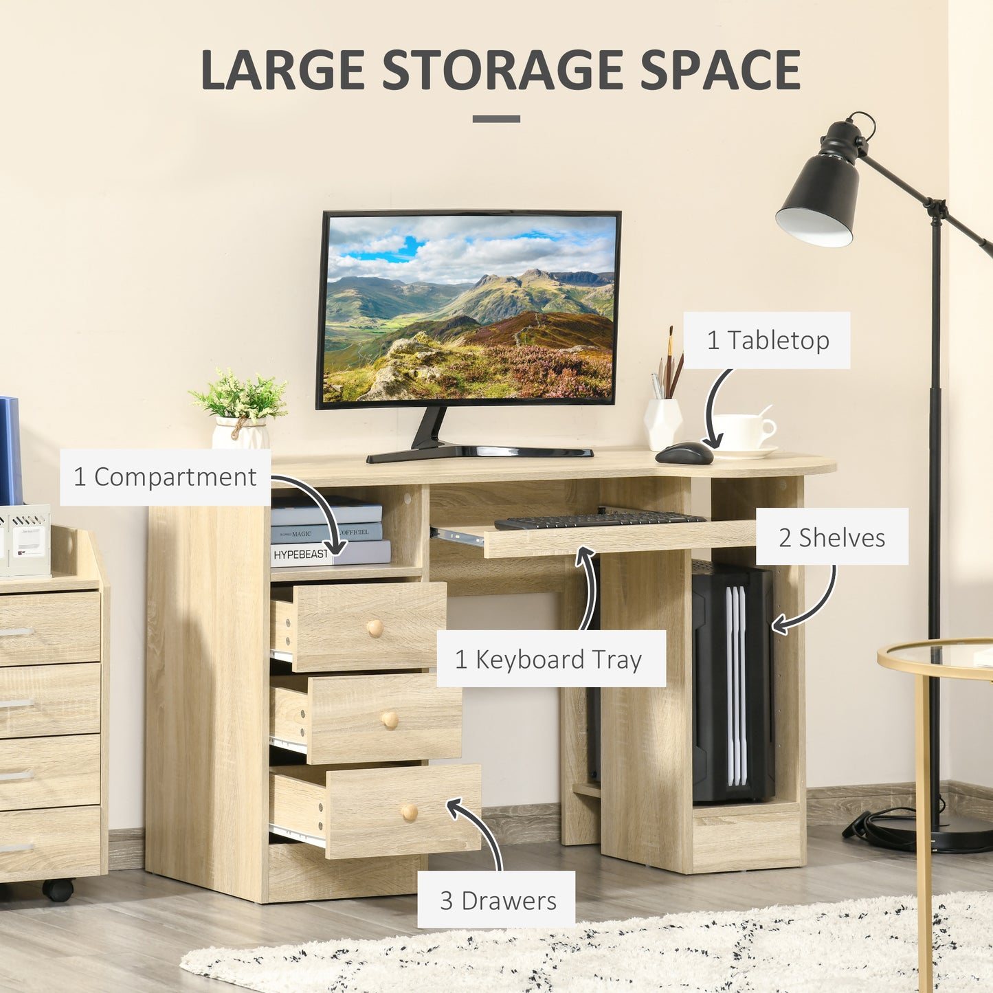 Computer Desk with Storage, Home Office Laptop Table with Shelves and Drawers, Modern Workstation Desk with Keyboard Tra