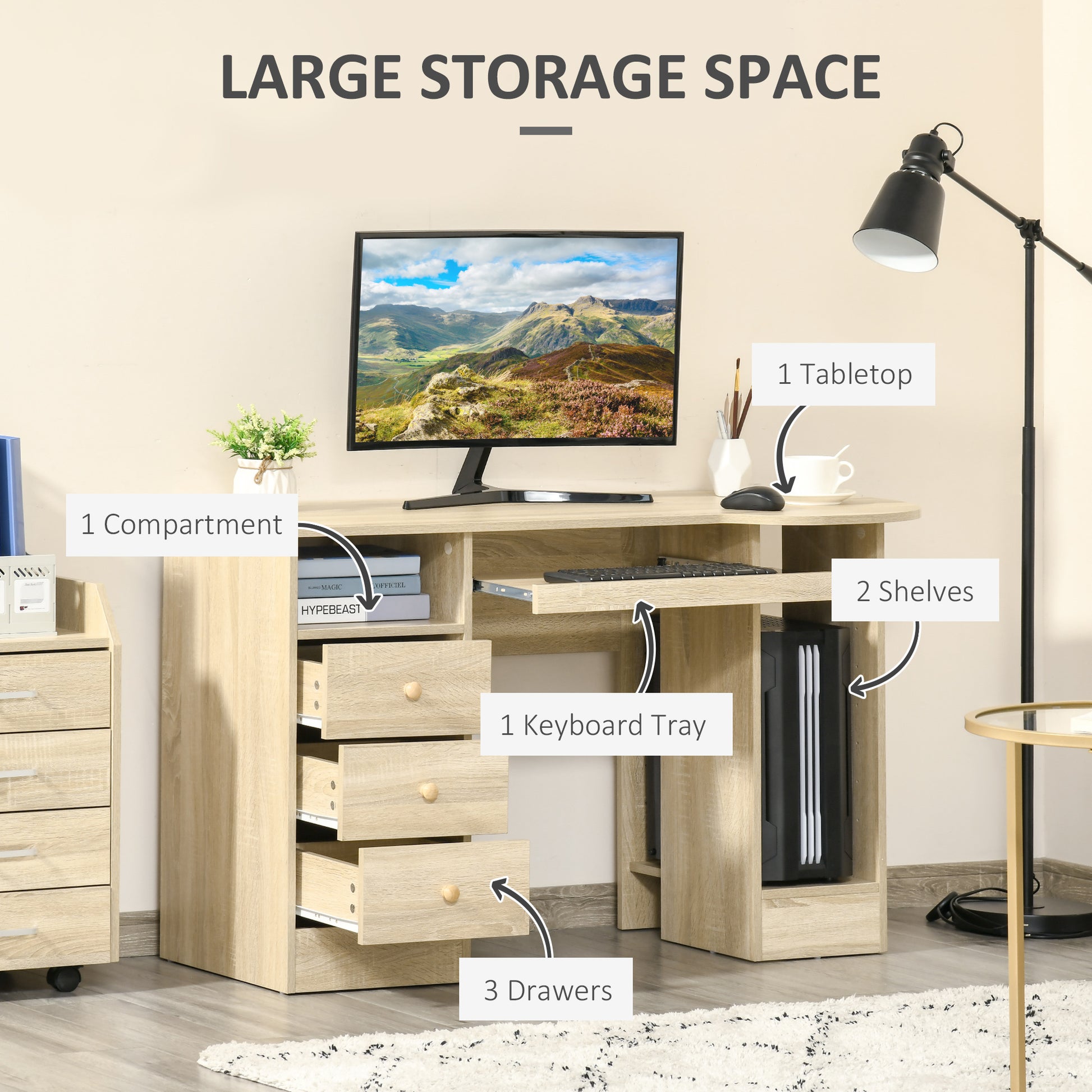 Computer Desk with Storage, Home Office Laptop Table with Shelves and Drawers, Modern Workstation Desk with Keyboard Tra
